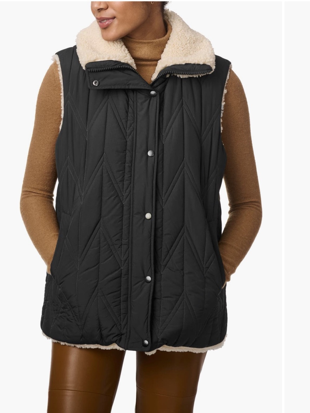 Bernardo Cream Sherpa Zip-Front Vest with Olive Trim